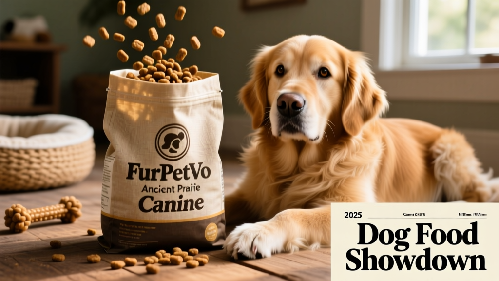 Close-up of FurPetVo Ancient Prairie Canine bag with kibble spilling out beside it