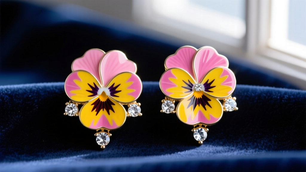 Macro shot of vintage Betsey Johnson flower earrings with bright pink and yellow enamel pansies and clear rhinestone accents on velvet