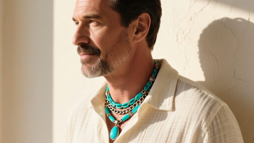 Side profile of a man wearing a layered Cody Maverick turquoise pendant necklace over a cream linen camp-collar shirt in sunlight