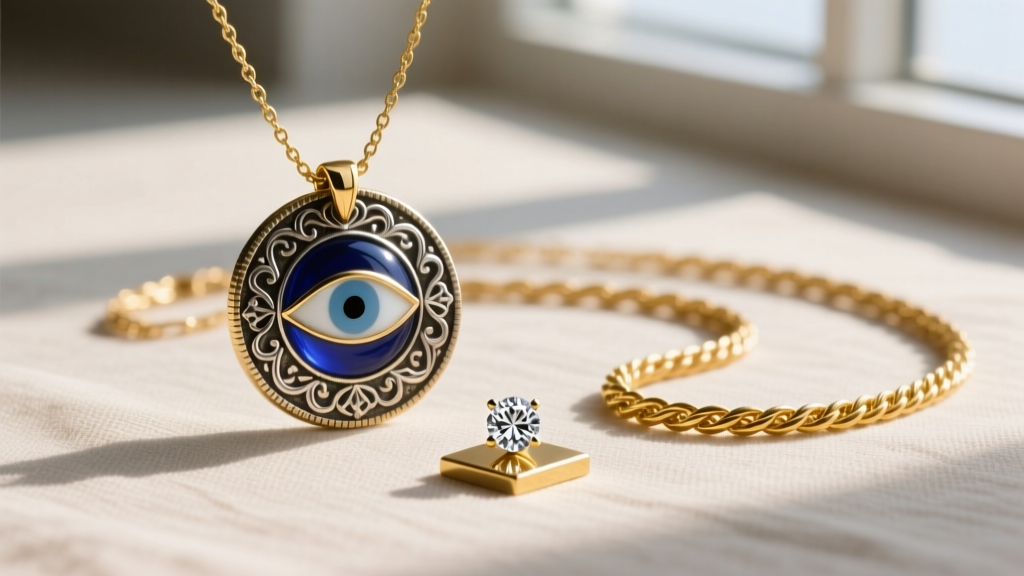 Flat lay of layered gold necklaces showing a vintage evil eye coin, a small diamond solitaire, and a delicate 14k gold rope chain.
