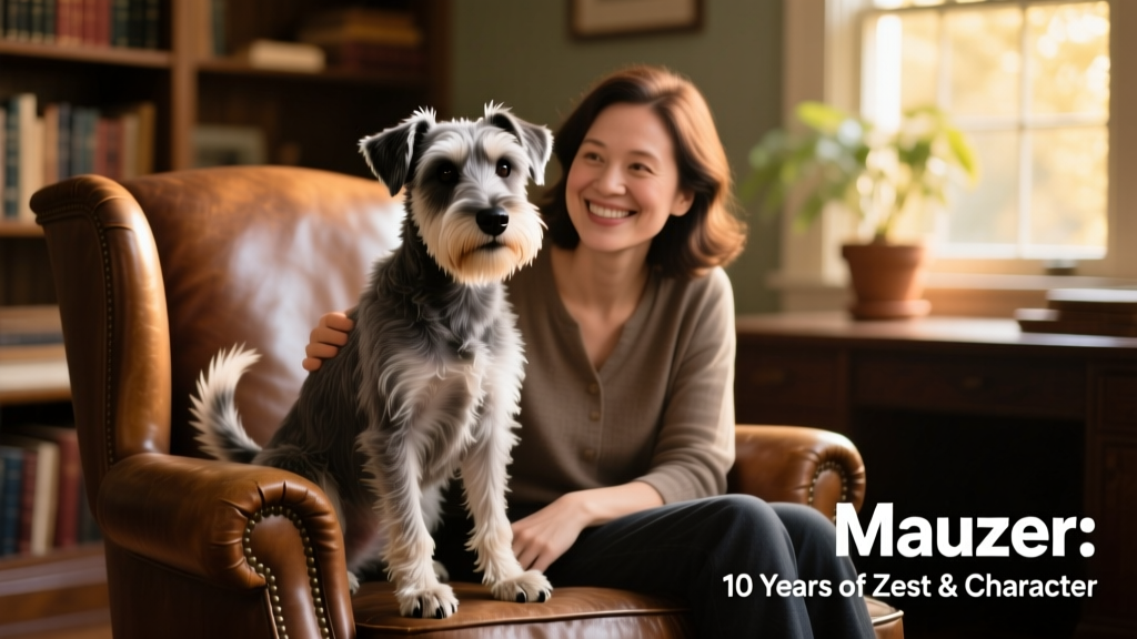 mauzer sitting next to his mom on a leather chair