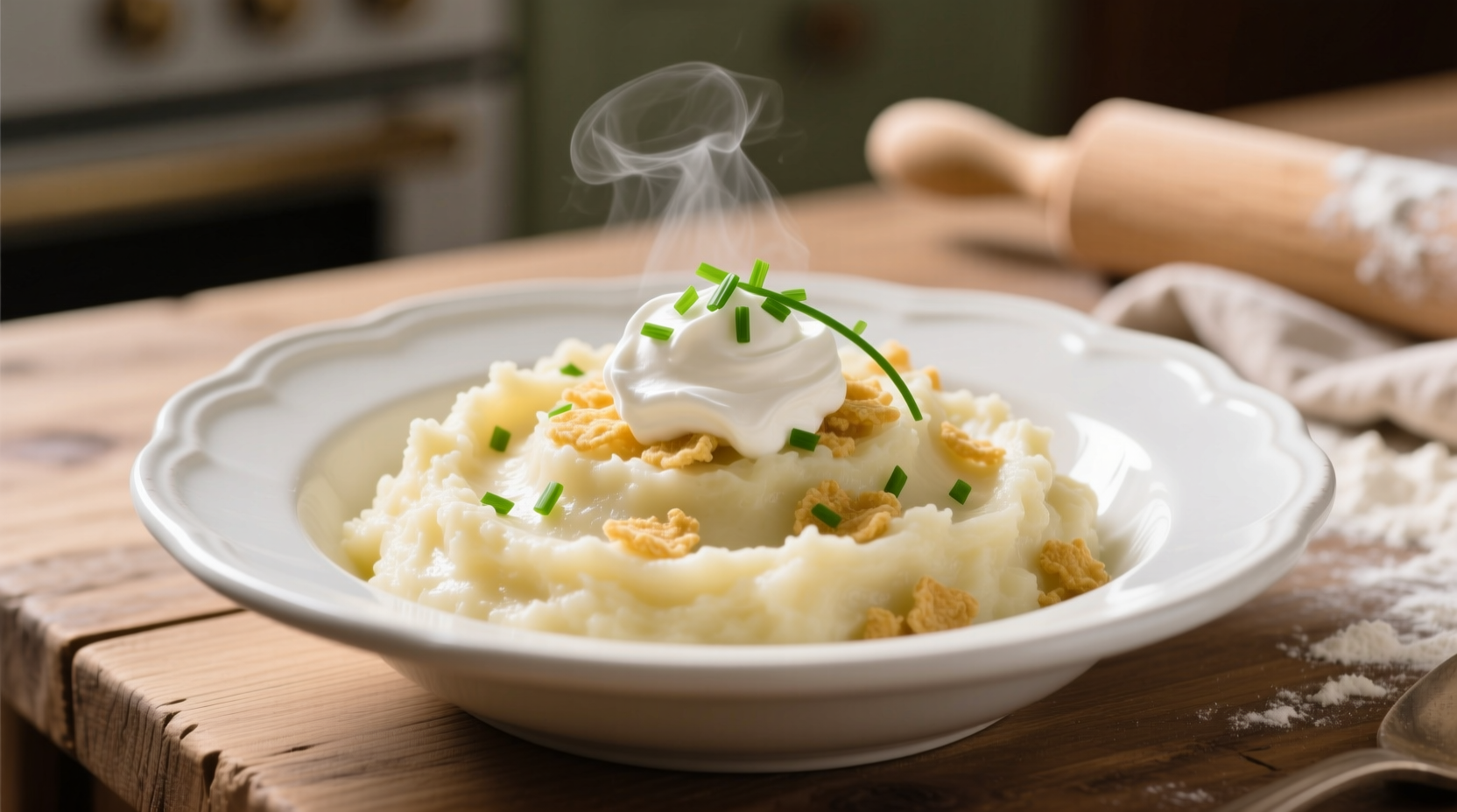 Creamy mashed potatoes made from potato flakes in white bowl