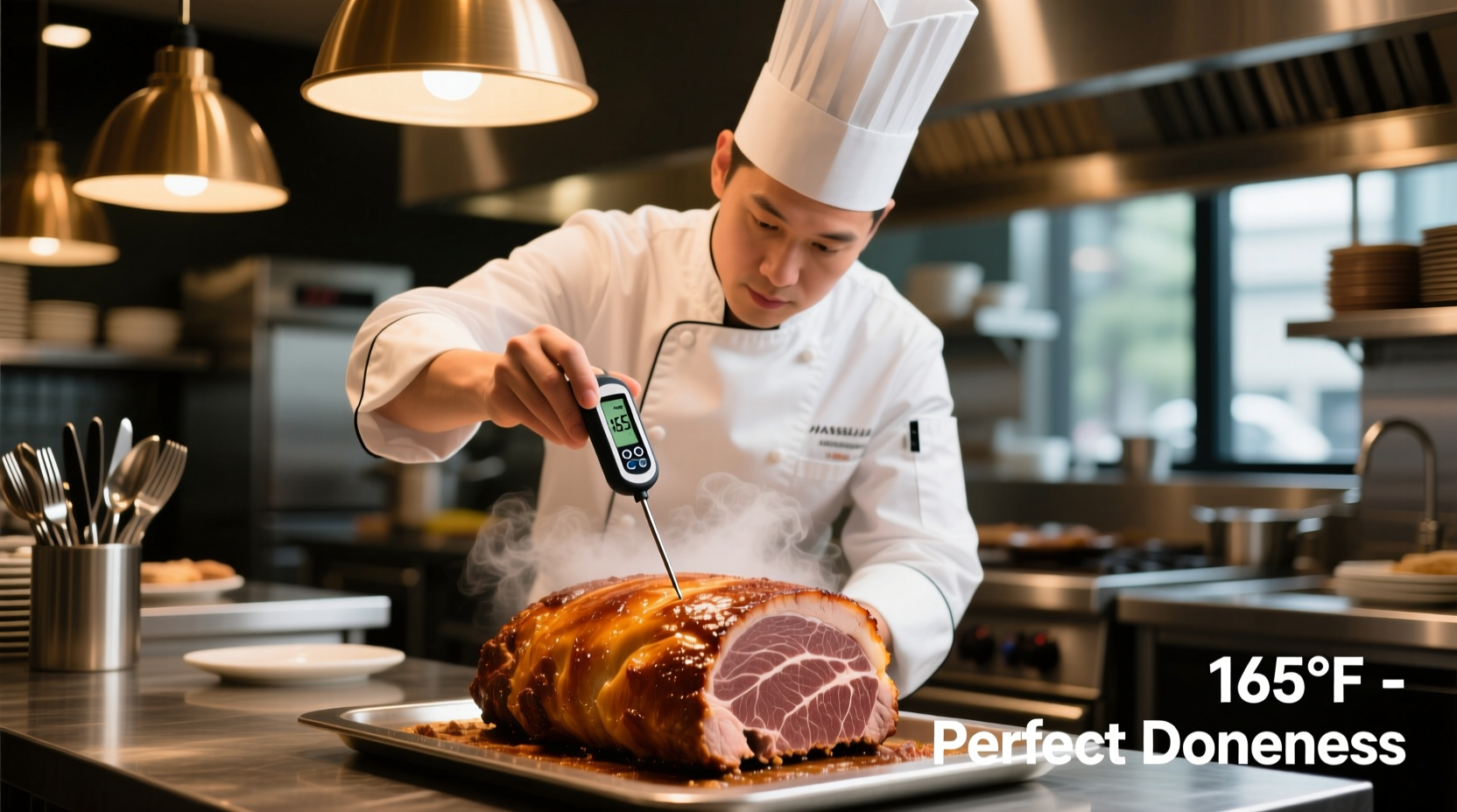 Professional chef checking meatloaf temperature with thermometer