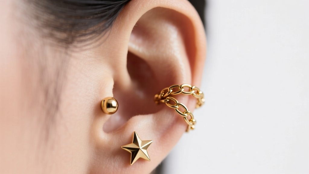 Close-up of an asymmetrical ear curation featuring delicate 14k gold orbital chains connecting a helix stud to a lobe star motif