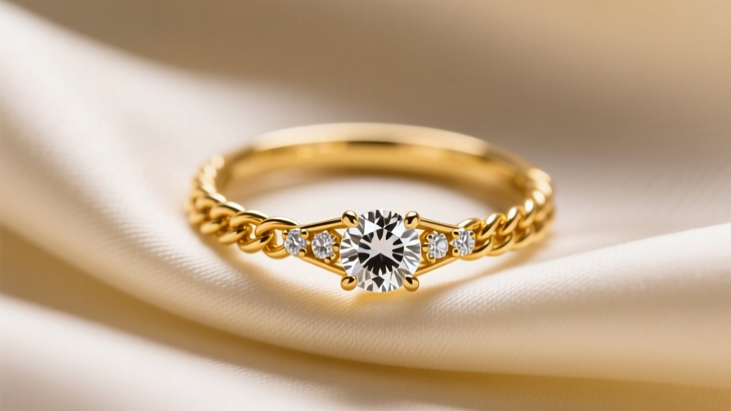 Close-up of a delicate 18k yellow gold rope chain threading through a vintage diamond engagement ring, resting on cream silk fabric