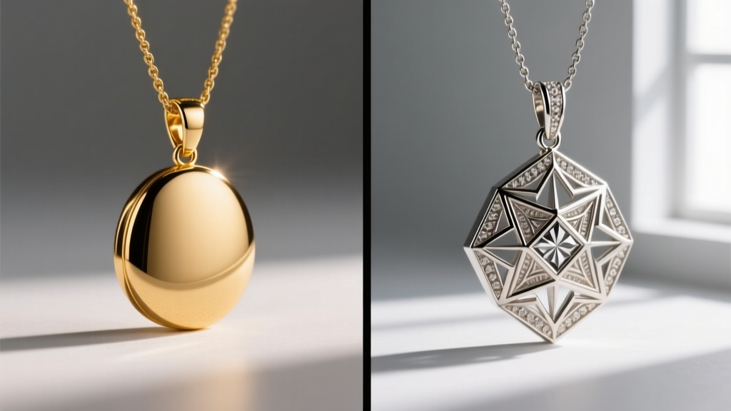 Split-screen showing a cast gold pendant on the left and a highly detailed bespoke CAD-designed pendant on the right side