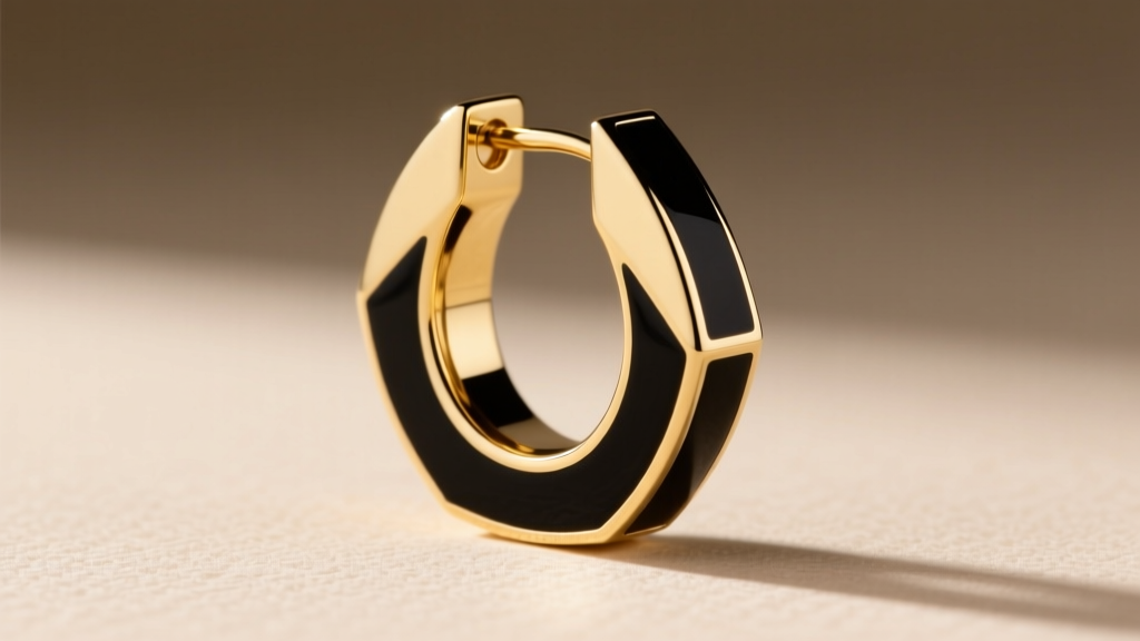 Side profile of a Carolina Herrera geometric hoop earring showing the transition between gold plating and black enamel inlay