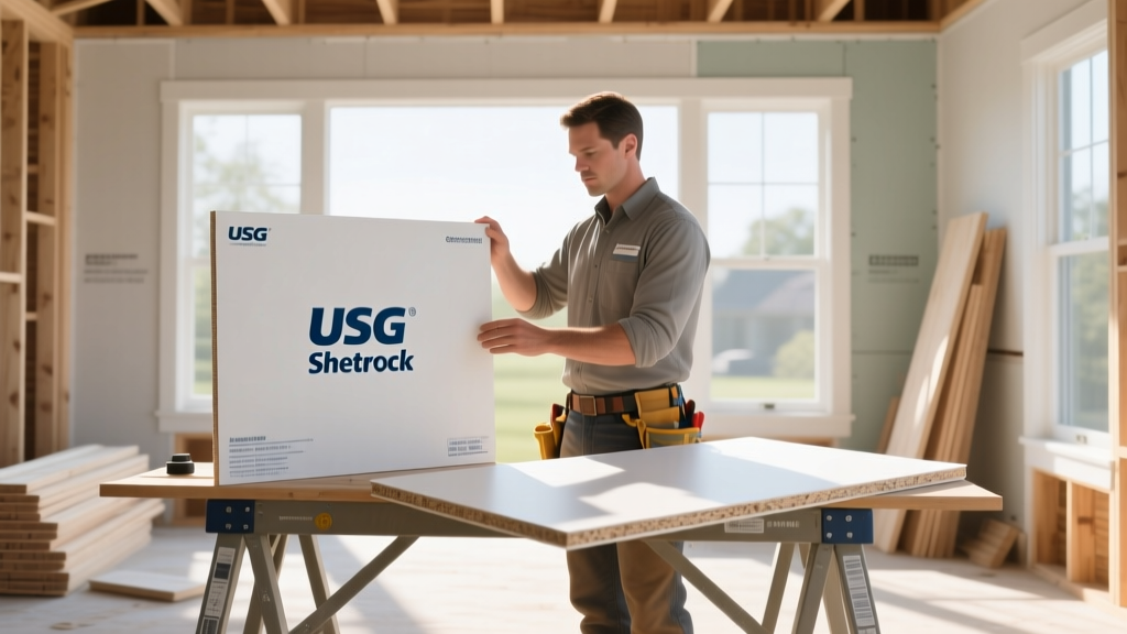 Contractor comparing a branded USG Sheetrock panel with a generic gypsum board sheet on a sawhorse in a brightly lit residential framing site
