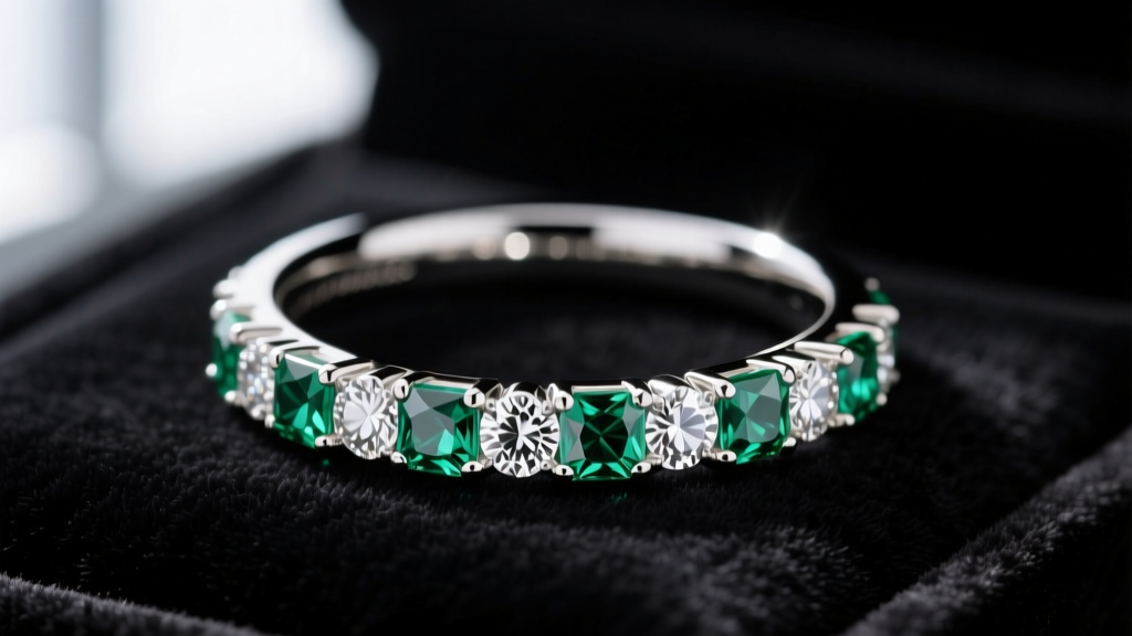 Close-up of a platinum anniversary eternity band with alternating emerald-cut and round brilliant diamonds resting on dark velvet
