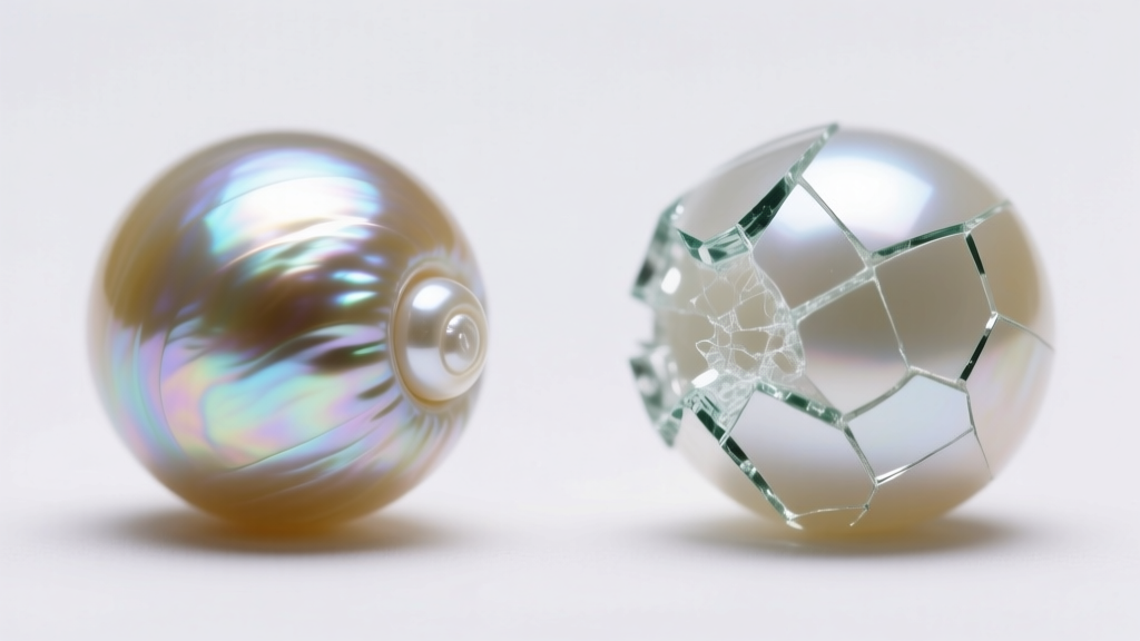 Macro view comparing organic pearl nacre beside a chipped glass faux pearl core under bright, neutral studio lighting.