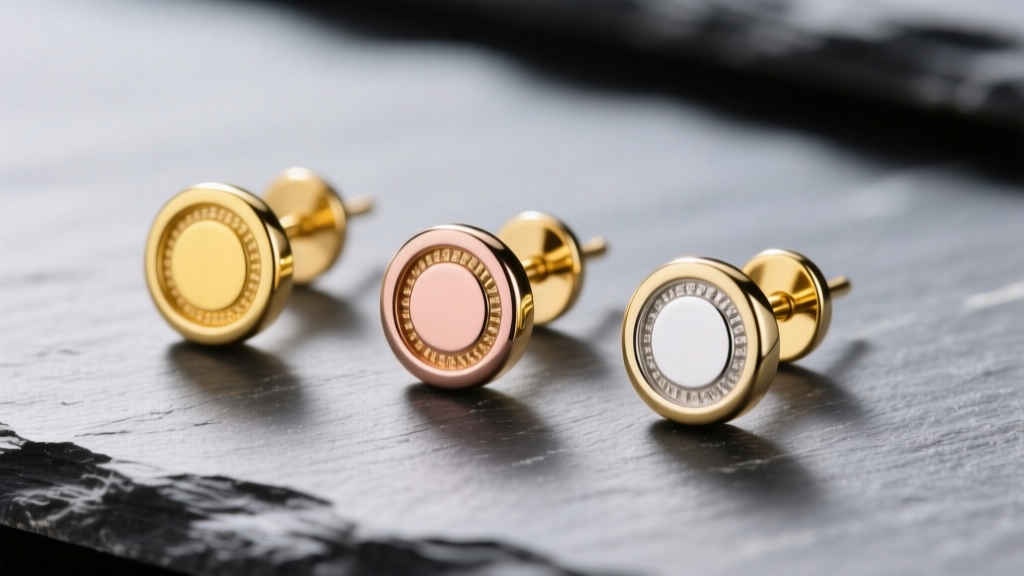 Macro shot of three 14k gold earring posts on slate showing yellow, rose, and white gold variations under bright studio lighting.