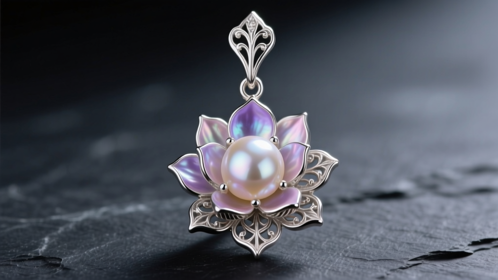 Macro shot of a baroque freshwater pearl set inside a hand-carved sterling silver lotus flower drop earring against dark slate