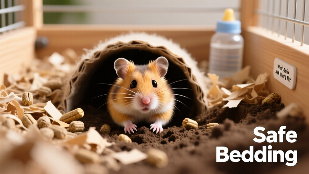 A hamster peeking out from a freshly dug tunnel in deep, layered bedding