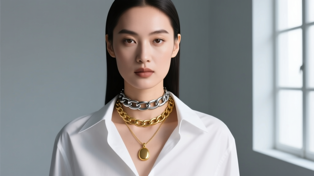 Woman wearing a 15-inch steel curb chain choker necklace layered with an 18-inch gold pendant necklace over a white shirt collar