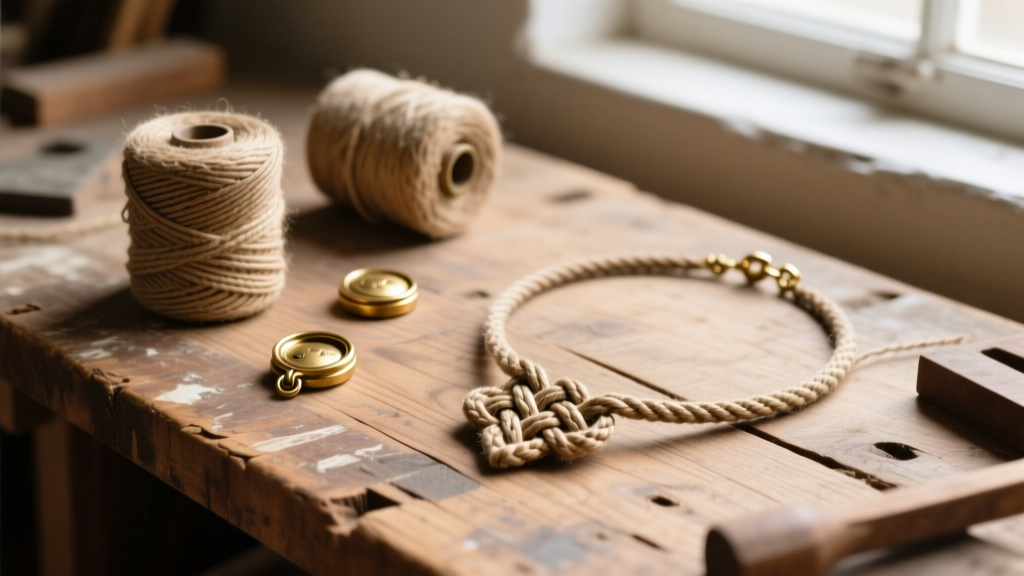 Flat lay of natural hemp cord spools, brass clasps, and a partially woven square knot necklace on a rustic wooden workbench