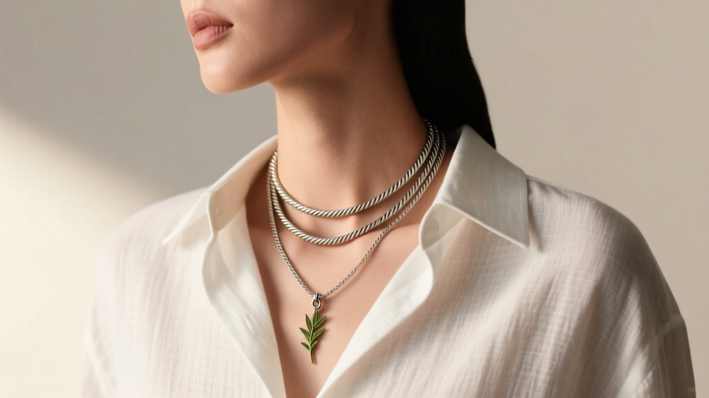 A model wearing a layered necklace setup with a 16-inch plain cable chain and an 18-inch weed pendant over a crisp white linen button-down shirt.
