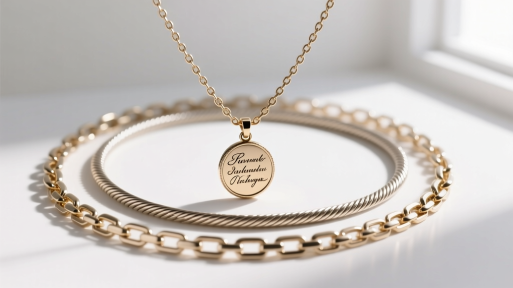 Layered necklace stack showing an 18-inch cable chain and a 20-inch box chain holding a small, custom-engraved scripture medallion