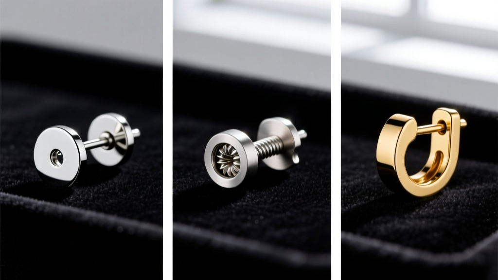 Close-up comparison of a 20-gauge push back, threaded screw back, and hinged leverback earring mechanism resting on dark velvet.
