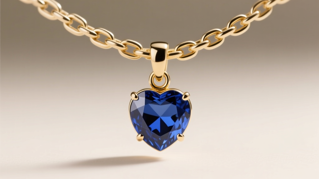 Macro view of 3mm white gold wheat chain holding a sapphire heart pendant, displaying sturdy soldered links and a secure jump ring.