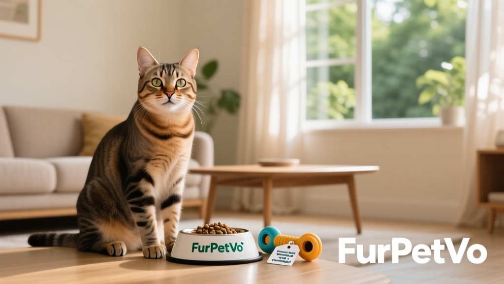Happy, lean adult cat sitting beside a FurPetVo branded food bowl and interactive toy, with a clean, sunlit living room background