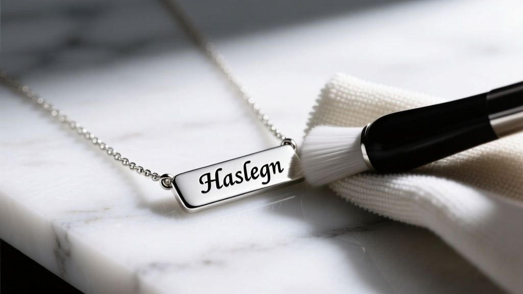 Microfiber cloth polishing a sterling silver name necklace on white marble, carefully avoiding the dark engraved letter grooves.
