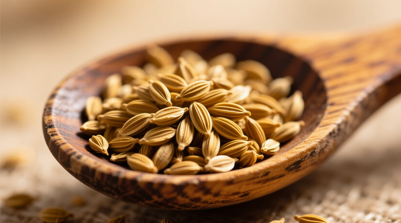 Close-up of golden fenugreek seeds in wooden spoon