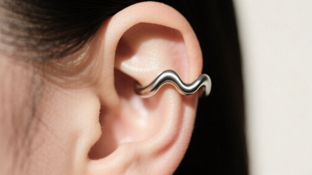 Side profile of a titanium wave ear cuff on upper cartilage, showcasing the precise tension gap and a matte brushed metal finish.