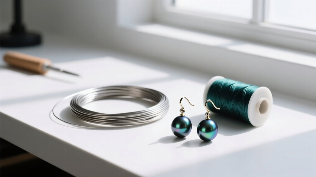 Workbench showing 20-gauge titanium wire, size F silk thread, and partially assembled dark Tahitian beaded pearl drop earrings.
