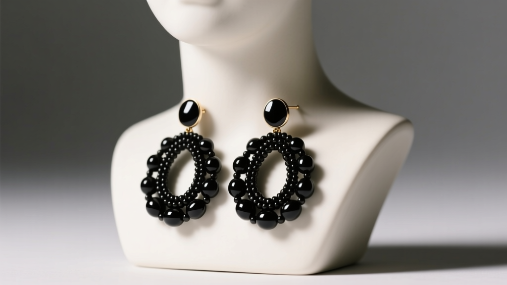 Macro shot of matte black onyx beaded drop earrings on a minimalist ceramic bust, illuminated by soft directional studio lighting