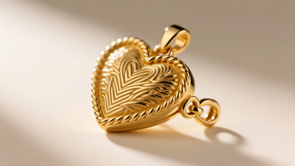 Macro shot of a 14K gold-clad textured heart pendant, highlighting intricate rope detailing and a secure lobster claw clasp