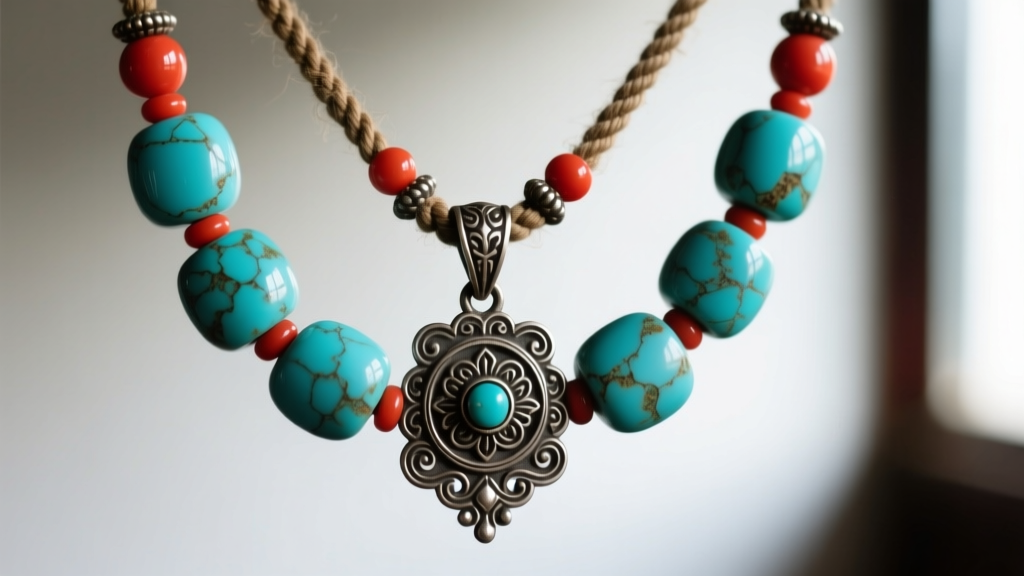 Close-up of a vintage Tibetan necklace with large turquoise beads, coral accents, and oxidized silver gau pendant on a worn cord.
