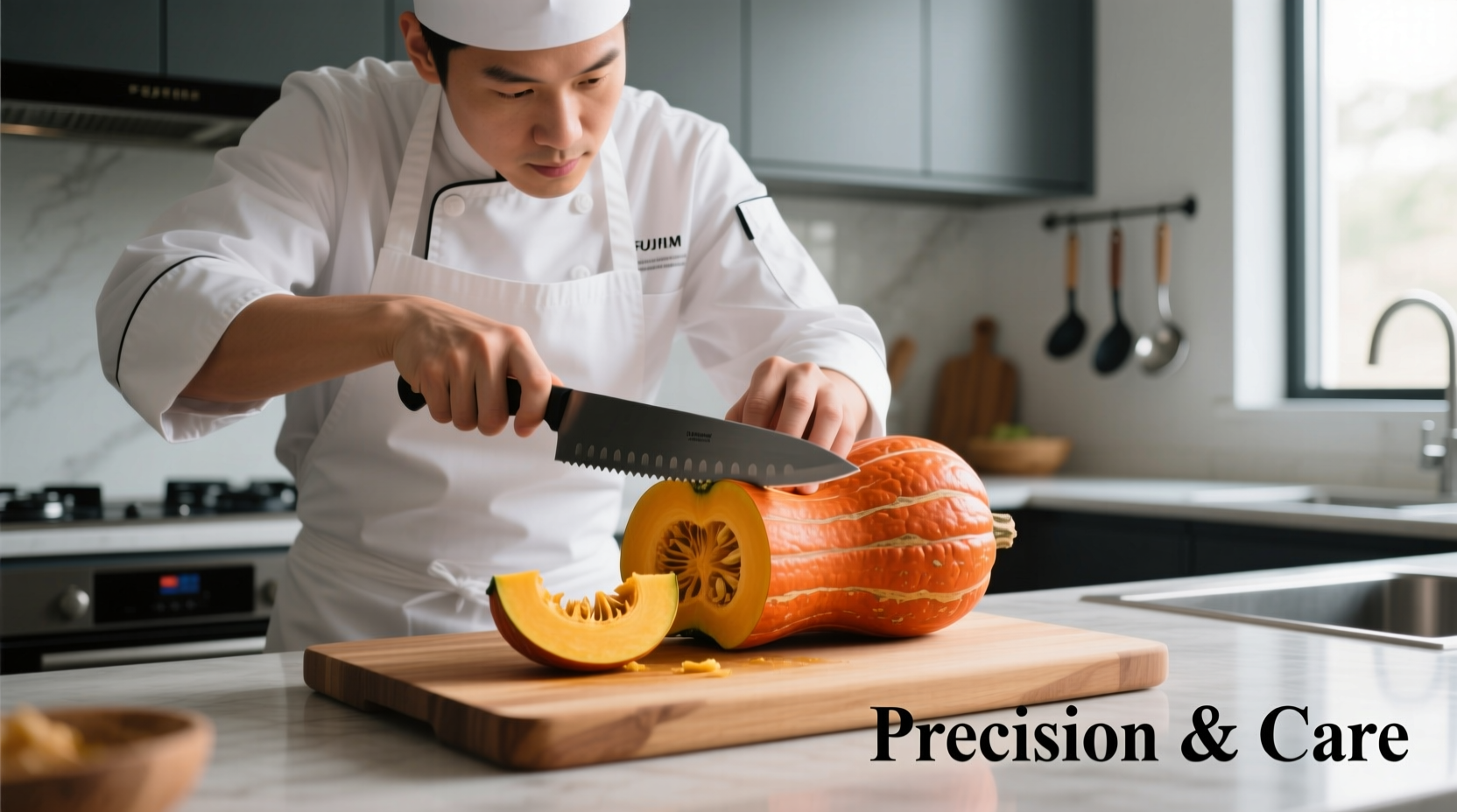 Chef safely cutting kabocha squash with serrated knife