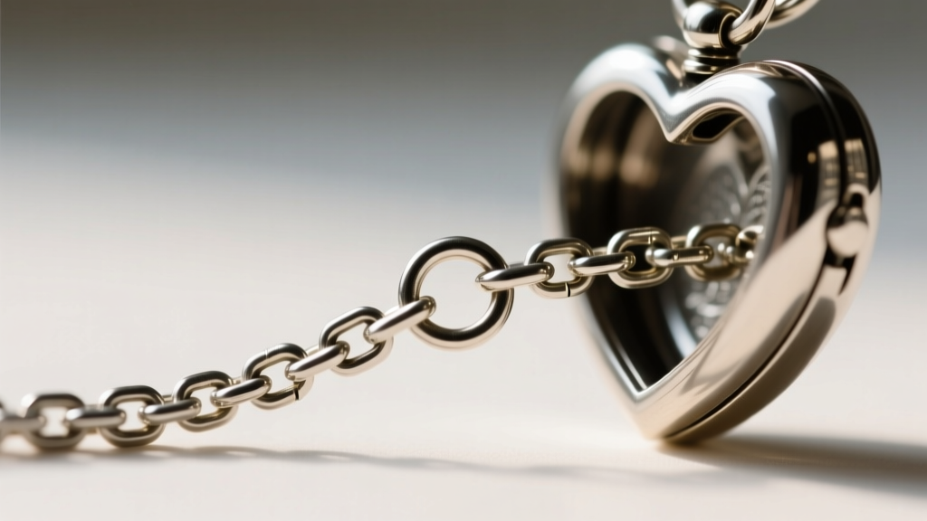 Close-up of a 1.0mm box chain threading through a heart locket, emphasizing smooth links and a sturdy spring ring clasp mechanism.
