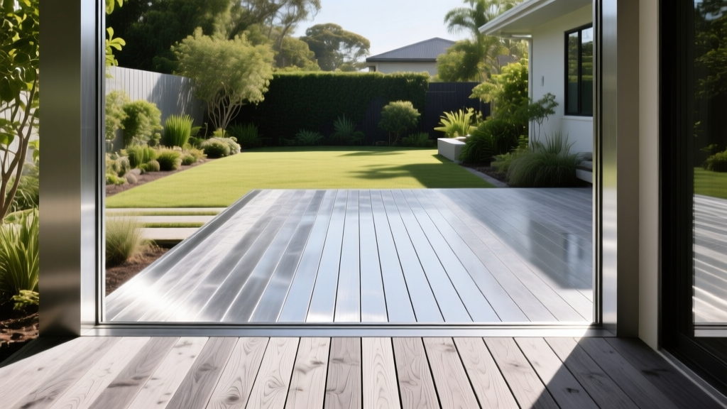 Weathered silver-grey ipe hardwood deck boards next to pristine powder-coated aluminum decking framing in a sunny backyard oasis