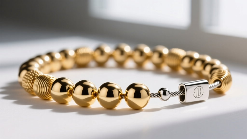 Close-up of 14k gold-filled ball beads strung on 49-strand stainless steel jewelry wire with a secure silver crimp bead and clasp