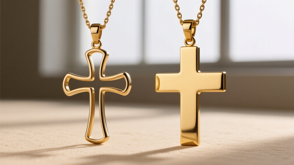 Side profile comparing a hollow brass cross pendant with a solid die-struck 14k gold vermeil cross, showing thickness differences.