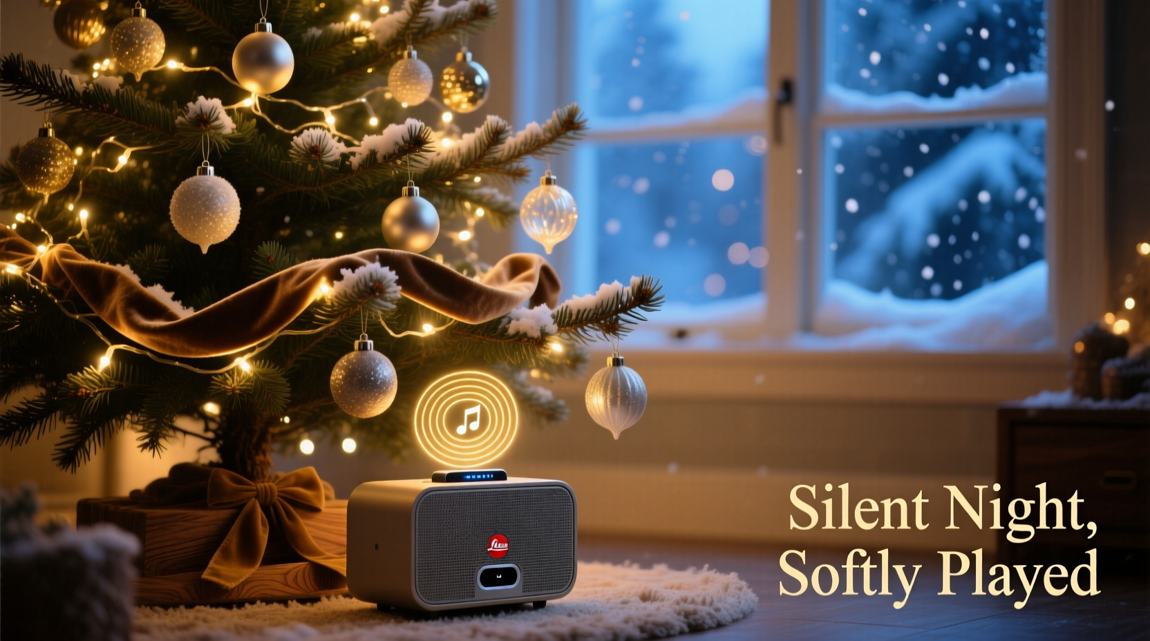 how to use bluetooth speakers to play carols softly through a decorated tree