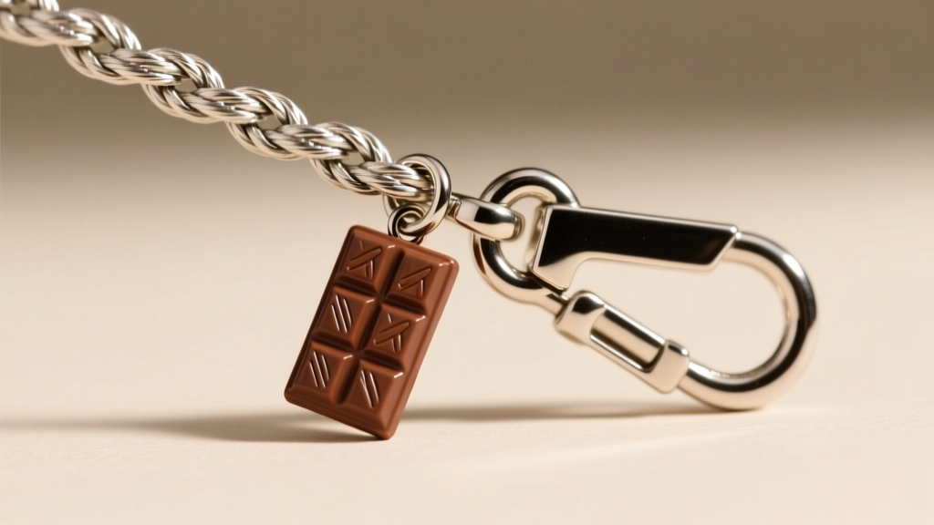 Macro shot of a 2.5mm stainless steel rope chain and an 18-gauge lobster clasp attached to a novelty food pendant bail.