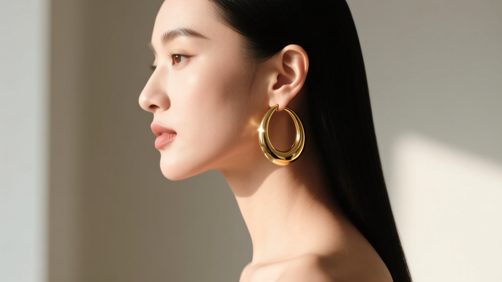 Side profile of a woman wearing large hollow gold hoops, showing proper weight distribution without visible earlobe pulling