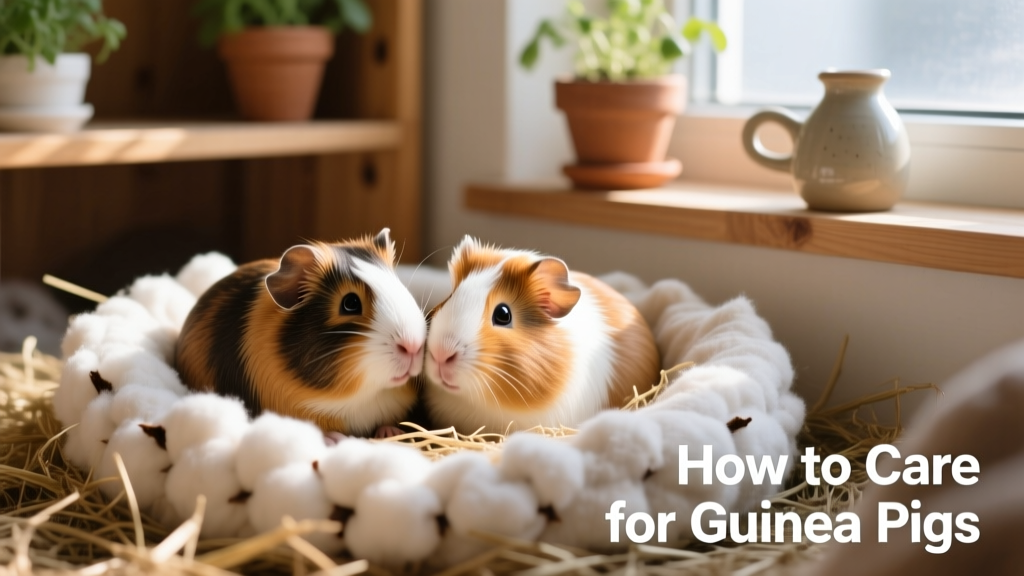 Two friendly guinea pigs snuggling together in a cozy bedding setup