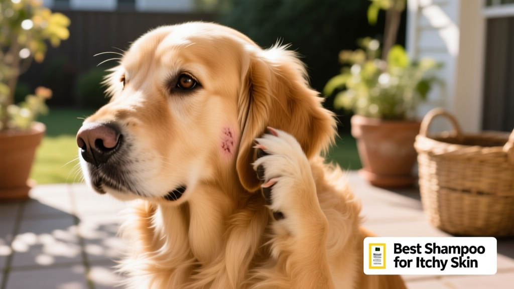 Close-up of a golden retriever gently scratching its ear while looking relaxed