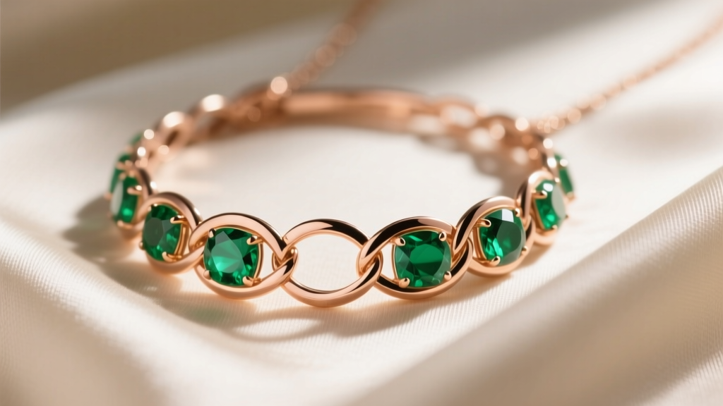 Close-up of a 14k rose gold mothers necklace with interlocking rings and raw emerald accents resting on soft cream silk fabric