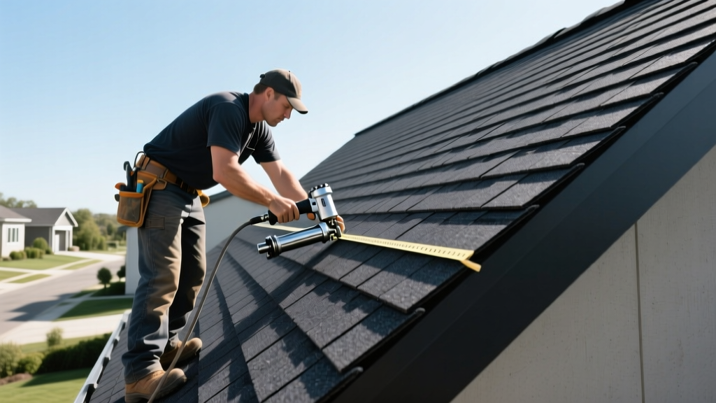 Contractor installing dark charcoal architectural asphalt shingles on a steep residential roof using a chalk line and pneumatic nailer