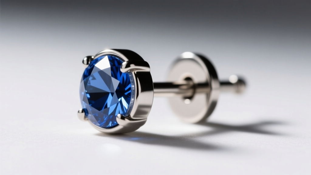 Macro shot of YOR earrings threadless titanium stud with bezel-set sapphire, showing tension-fit pin and mirror-polished 16g post