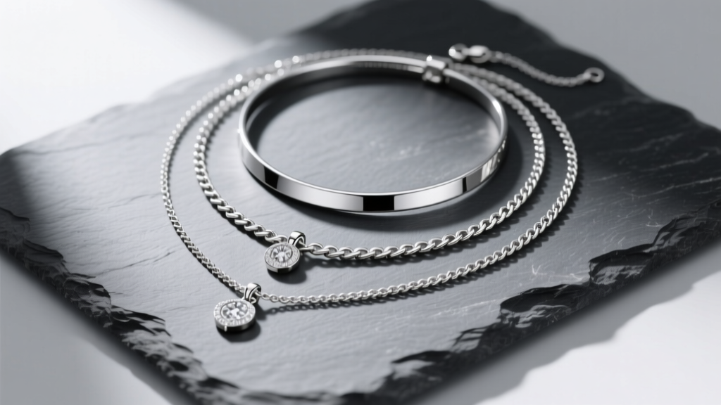 Flat lay of a silver stack necklace on slate, displaying a 14-inch choker, 16-inch pendant, and 18-inch lariat.