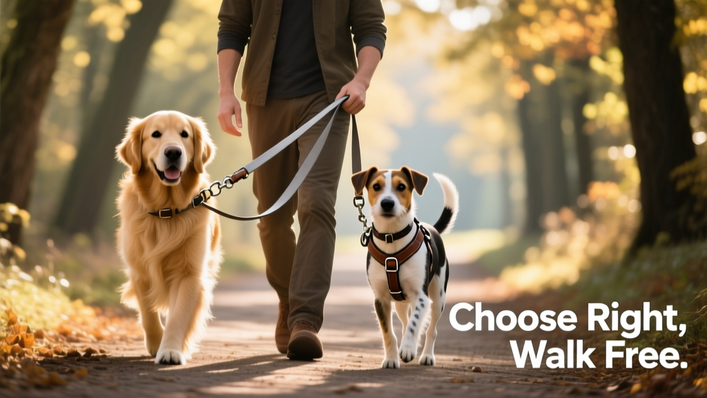 A person walking two friendly dogs—one golden retriever and one terrier mix—using a double leash with swivel connectors; both dogs walking loosely side-by-side on a tree-lined path