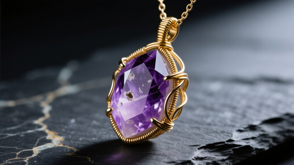 Close-up of raw amethyst secured in a 14k gold-filled wire-wrapped stone holder necklace on dark slate with moody lighting.