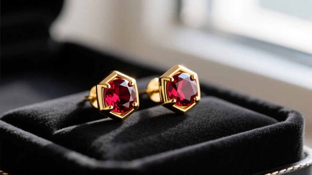 Macro shot of 14k yellow gold stud earrings with round-cut deep red pyrope garnets on a dark velvet jewelry display tray.