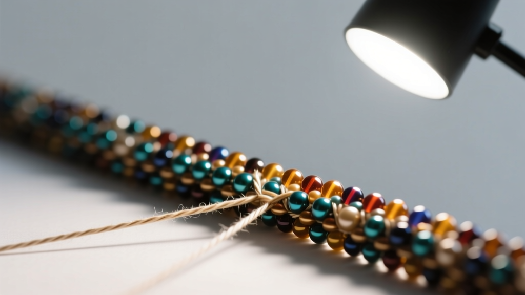 Macro photo of tight brick stitch seed bead edge showing perfect thread tension, illuminated by a bright daylight desk lamp.