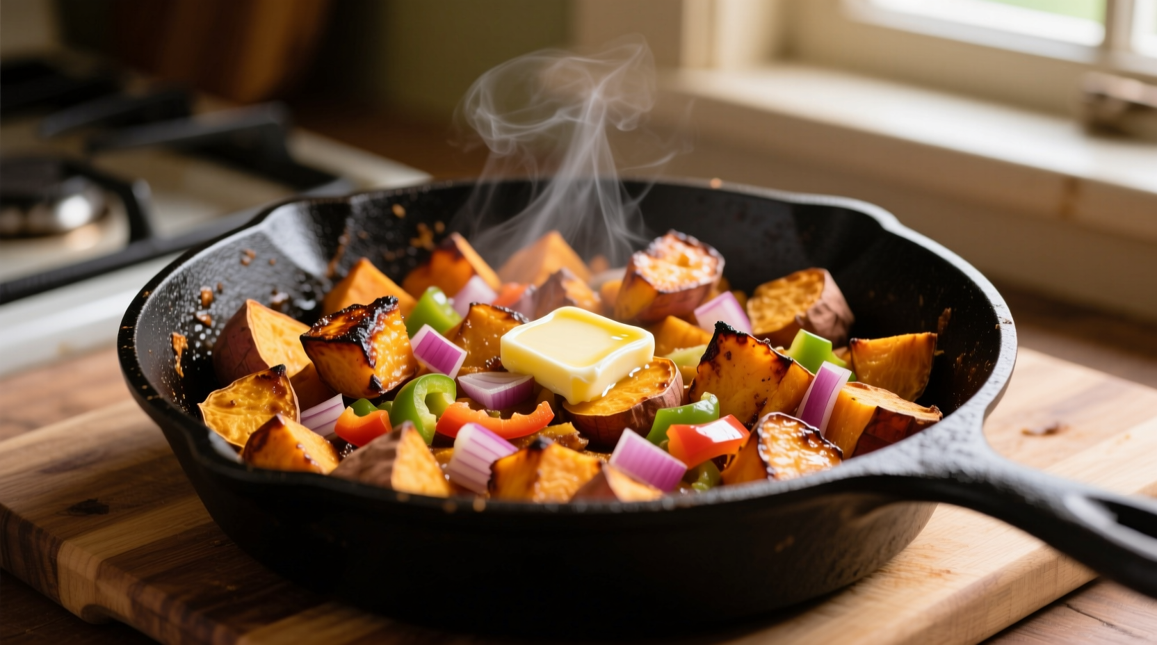 Golden sweet potato hash with crispy edges in cast iron skillet